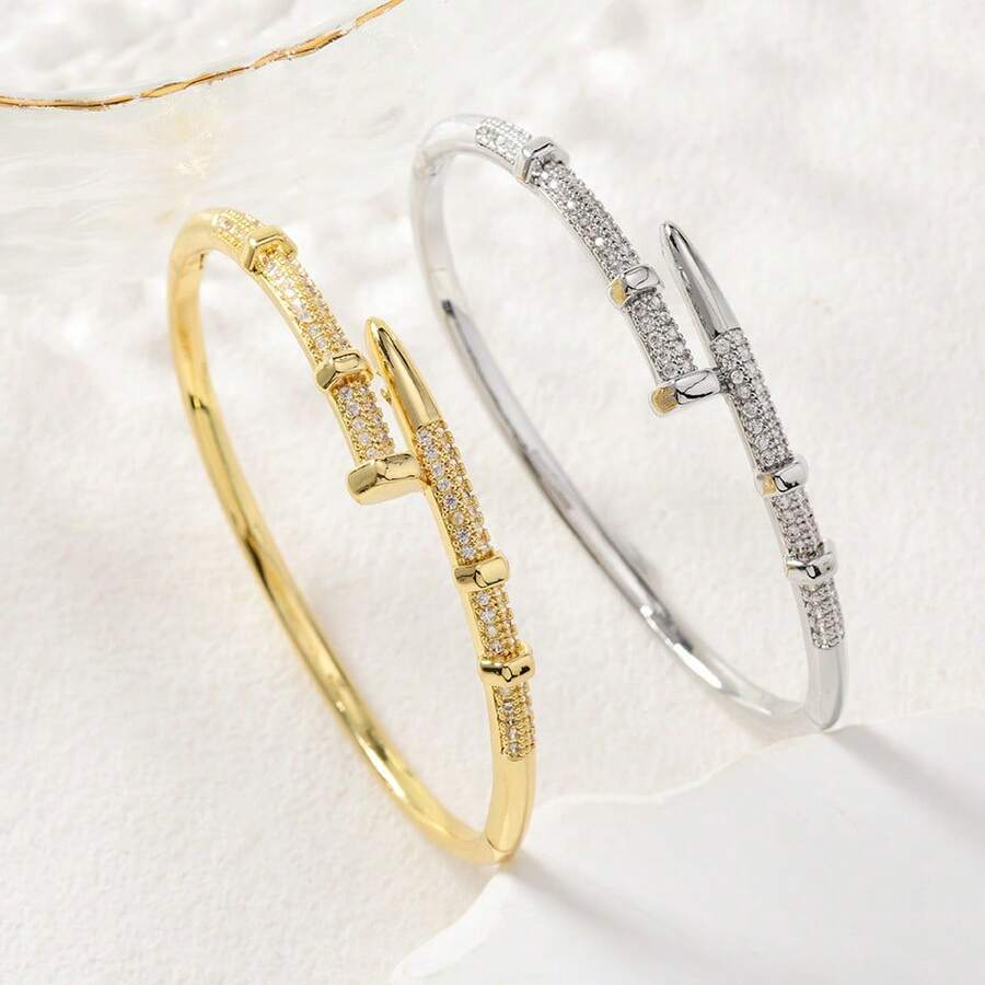 1件装合金锆石镶嵌时尚手链，蛇形钉子手链，优雅精致的微镶锆石时尚休闲百搭高端礼品设计手链，女士款 - 蛇尾釘子手鐲 - 查看 1