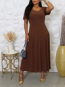 Women Plus Size Elegant Strapless Ruched Cinched Waist Long Dress - Dark Brown - View 2