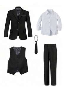5pcs/Set Teenage Boys' Suit Set, Toddler Tuxedo Formal Wear, Ring Bearer Outfit, Wedding Suit Jacket, Vest, Pants, Shirt, Tie, Black, Size 6-16 Years - Black - View 2