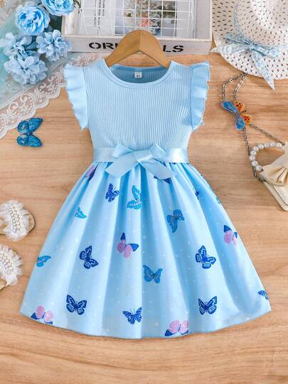 Girls Spring/Summer New Cap Sleeve Ribbed Butterfly Print Hem Elegant & Cute Dress