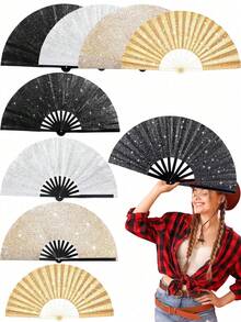 1pc Glitter Large Folding Hand Fan, Rave Retro Chinese Folding Hand Fan, Chinese Tai Chi Kung Fu Fan Decorative Folding Fan, For Festivals, Club, Dancing, Hot Flashes, Church, Gift,Spring Summer Picks,Brides Maid Gifts,Room,Bedroom Decor,Beach,Travel,For Men,For Women,Vacation - Multicolor - View 6