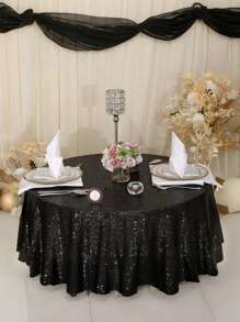 1pc Black Sequin Tablecloth, Glittering Golden Table Topper For Birthday Party, Halloween, Wedding, Hotel & Banquet Decor, Nordic Style