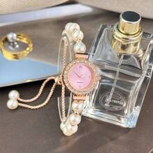 1 pièce Montre à quartz élégante pour femmes ornée de perles blanches, cadran cristal minimaliste, conception raffinée et exquise