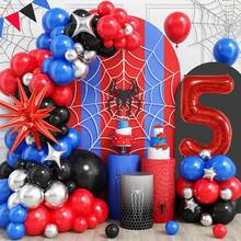 Juego de arco y número de globos de látex con estrella roja, decoraciones de cumpleaños, juego de arco de globos rojo, azul, negro y plateado con torres de globos numéricos rojos de 40" del 1 al 11, globos de cumpleaños, adecuado para fiesta de cumpleaños temática de superhéroe - Multicolor - Ver 16