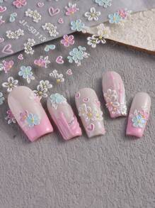 2 Pieces Of Spring And Summer Heart-Shaped Hollow Petal Nail Art Stickers - White, Pink, And Blue Hollow Five Petal Flowers And Heart-Shaped Art Design, 5D Relief Plastic Material, Suitable For Women's Disposable Self-Adhesive Back Adhesive Nail Art Stickers, Spring And Summer Fresh And Simple Floral Theme Style, Easy To Stick Nail Decoration Stickers