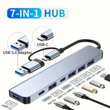 7-In-1 USB HUB With USB-C/USB3.0 Dual Interface, USB Splitter With 1 USB 3.0, 4 USB 2.0 And 2 USB-C Ports, For Electronics/PCs/Laptops And Accessories/Peripherals, Aluminum Alloy Body