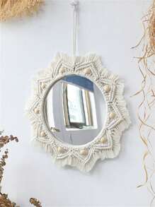 1pc BOHO Style Handmade Woven Tassel Wood Bead Lace Round Mirror,Acrylic Lens,Lace Hanging Wall Mirror,Suitable For Various Festivals,Decorate Living Rooms And Bedrooms With Hanging Decorations And Ornaments,Give Souvenirs To Friends,Family And Other Companions, Boho Fringe Round Handmade Decorative Acrylic Mirror For Apartment Living Room Bedroom Baby Nursery Home Decor,Home Decor ,Room Decor,Wall Decor Back To School