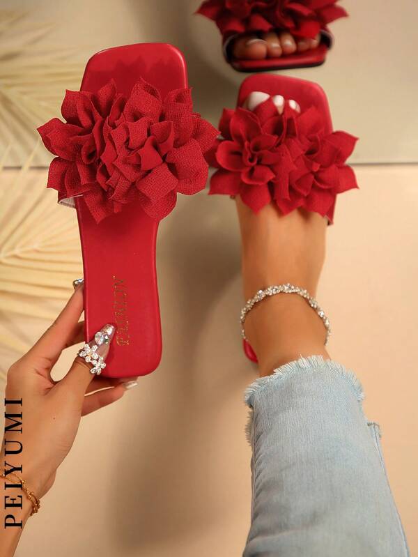 PEIYUMI Summer Unique Floral Decor Flat Sandals, Fashionable & , Non-Slip Women Beach Casual Slippers, Available In White, Black, Red, Green, Rose Red, Pink, Apricot Colors