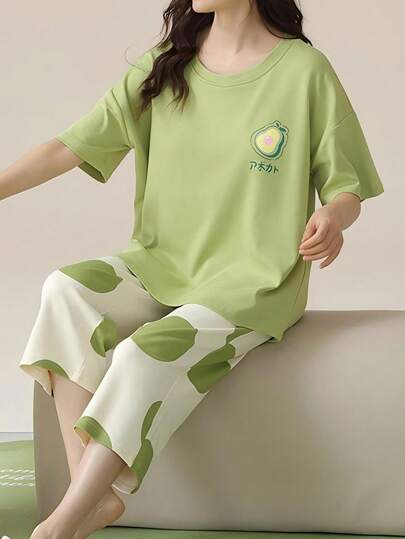 AICJ 2pcs Women & Teenage Girls Casual Cute Cartoon Cat Letter Print Pink Top, 3/4 Shorts Pants, Sleep Pants, Spring/Summer Homewear Pajama Set Suit, Party & Holiday Loungewear