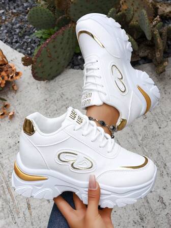 1 Pair Women's Casual Sneakers With Butterfly Pattern, Gold Shiny Stripes, White Leather Upper, Platform Wedge Heel, Hidden Insole, Suitable For Daily, Vacation, Date Occasions, Glitter Minimalist Classic, Height 7.5cm (Runs Small)