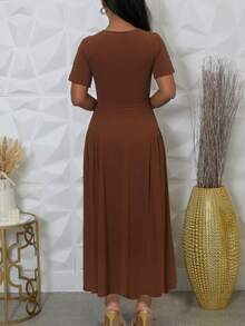 Women Plus Size Elegant Strapless Ruched Cinched Waist Long Dress - Dark Brown - View 3