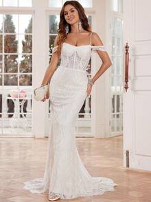 Suknie ślubne w stylu syreny z koronką, długie, z trenem, dekoltem w serek, odkryte ramiona, lśniące koronkowe suknie ślubne dla kobiet, sznurowane plecy, dopasowane koronkowe, formalne suknie wieczorowe dla panny młodej