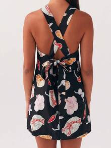 Women's Cream Yellow Halter Neck Mini Dress - Knotted Neck Detail Sleeveless Lightweight Fabric Feminine Stylish Casual Summer Date Wear(S-L) - 黑與白 - 查看 7