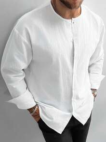 Áo sơ mi nam vải lanh kiểu cổ điển, vai rớt, màu trơn, cổ tròn, tay dài, thích hợp làm quà tặng Ngày của Cha, đi làm và mặc hàng ngày, dáng rộng, phù hợp cho kỳ nghỉ biển, cũng là quà Giáng sinh cho phái mạnh, cần thiết cho mùa thu. - trắng - Xem 2