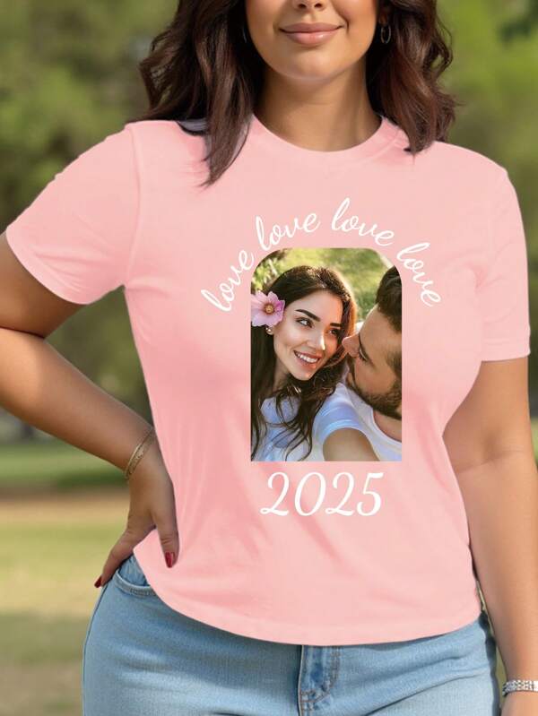 Maßgeschneiderte Frühlings-/Sommer-Damen-Oberbekleidung in Große Größen, personalisiert mit Freund-/Paar-/Haustier-/Geschwister-/Selfie-/Familien-Fotos, Wunschtext/Segen/Name, Pink/Fuchsia Oberteile, 2XL 3XL 4XL 5XL, Maßgeschneiderte Große Größen T-Shirts