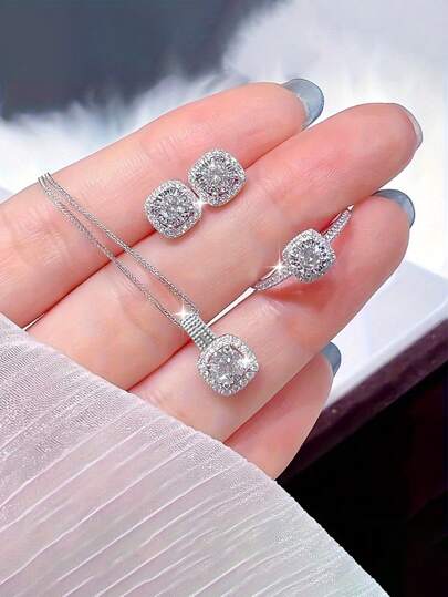 3 PiecesSilver Tone Cubic Zirconia Jewelry Set For Women – Elegant Necklace, Earrings & Ring Trio | Sparkling CZ Inlay, Tarnish-Free Silver Plating | Valentine's Day, Christmas & Birthday Gift