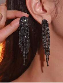 2pcs Luxury Sparkling Rhinestone Long Tassel Ear Clips, Exaggerated European & American Style Non-Pierced Earrings For Women's Daily Wear - Style 1 - View 5