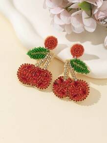 1 Pair Handmade Beaded Cherry With Rhinestones Earrings, Sweet And Fashionable For Women