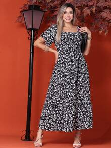WOMEN'S LONG MIDI DRESS WITH PUFFED SLEEVES, RUFFLED, OFF-THE-SHOULDER, TRES MARIAS FLORAL - Negro mate - Ver 1