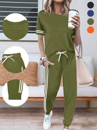 Summer Ladies' Sleeveless Striped Short-Sleeve Top And Pocketed Side Stripe Pants Jogging Suit Home Leisure Sports Outfit