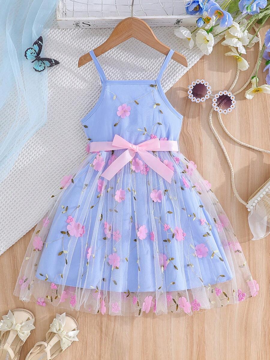 年轻女孩夏季休闲优雅无袖花卉植物网眼吊带连衣裙（带腰带装饰） - 藍色 - 查看 1