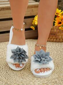 Pantuflas con lazo y plumas decorativas, de punta abierta, suaves y cómodas para todas las estaciones, color blanco