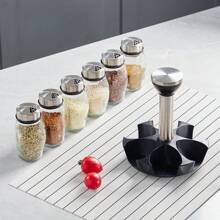 7pcs/Set Spice Jar Set Rack Glass Organizer Rotating Glass Seasoning Sugar Pepper Bottles Salt Shakers Holder Kitchen Storage Rack