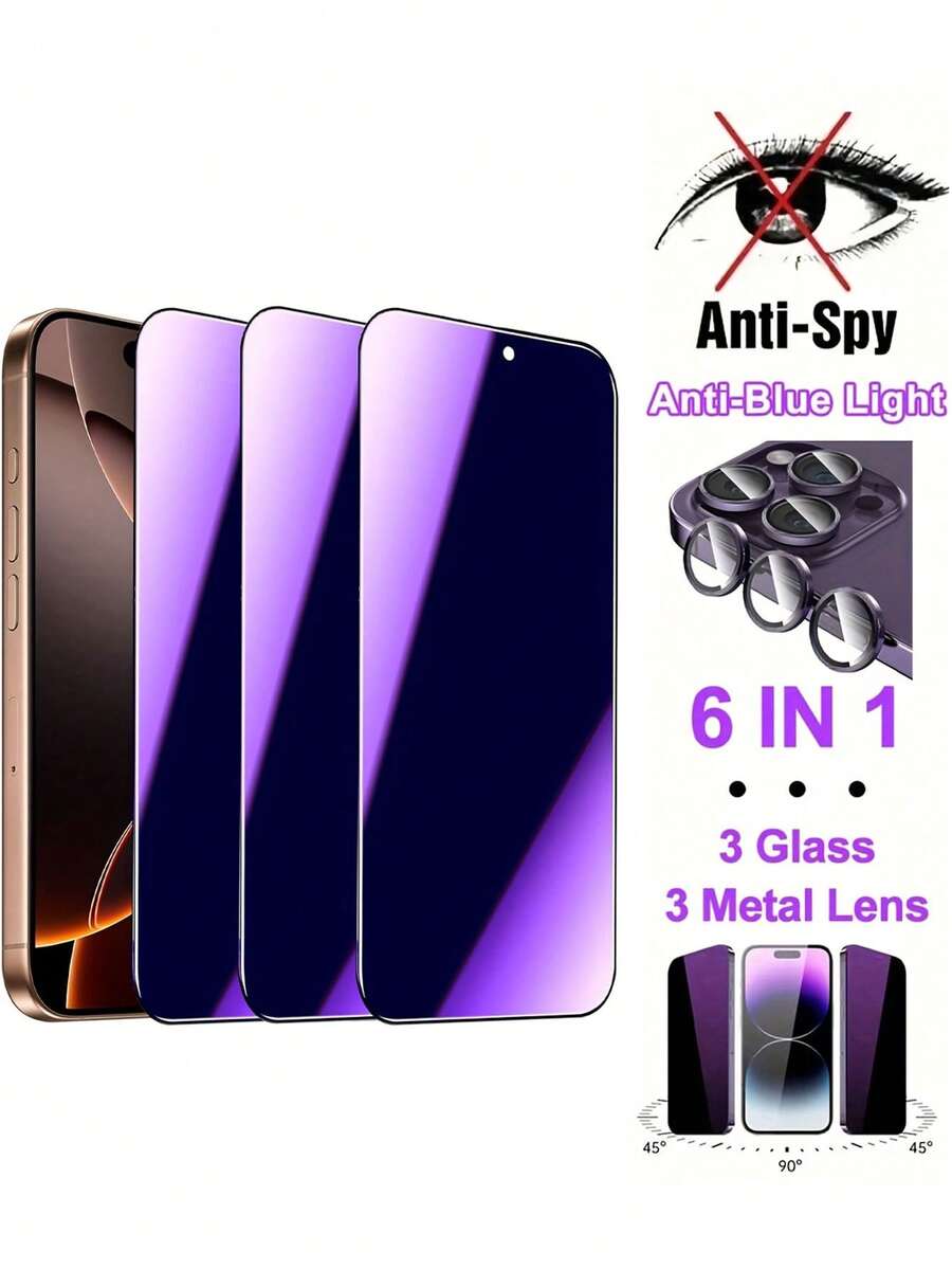 6in1 [3pcs Anti-Blue Light Privacy Tempered Glass + 3pcs Purple Metal Lens] Compatible With IPhone 16e/16 Pro Max/16/15/14/13/12/11/Mini/Plus/15 Pro Max Anti-Blue Light Privacy Screen Protector + Camera Len Protective,Dynamic Island Compatible 9H Hardness HD Gift For Birthday, Family, Friends Anti-Spy, Phone Screen Protector, Phone Accessories - Clear - View 1