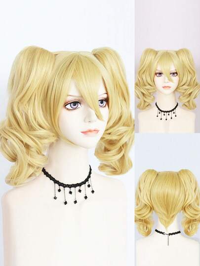 14 英寸金色假发，带刘海和 2 个马尾辫，日常派对使用中长直发鲍勃假发，带双波浪马尾辫接发，适用于动漫角色扮演服装派对万圣节假发，合成耐热纤维假发，金色可拆卸辫子替换假发，金色马尾辫假发，自然造型，适合漫画卡通装扮假发，搞笑 Cos 道具配件，送给动漫粉丝的完美礼物