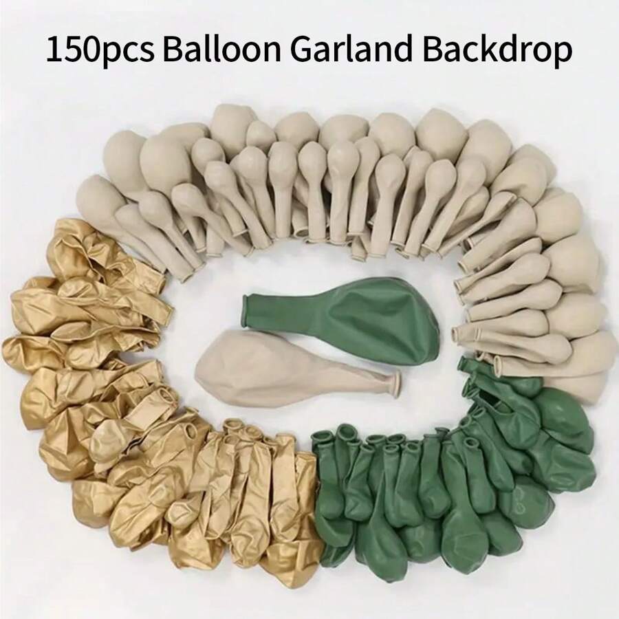150pcs Elegant Balloon Garland Arch Kit In Grey, Green & Golden - Ideal For Weddings, Jungle Parties, Graduations & Gender Reveals - Includes White Sand Chrome Plated Metallic Balloons