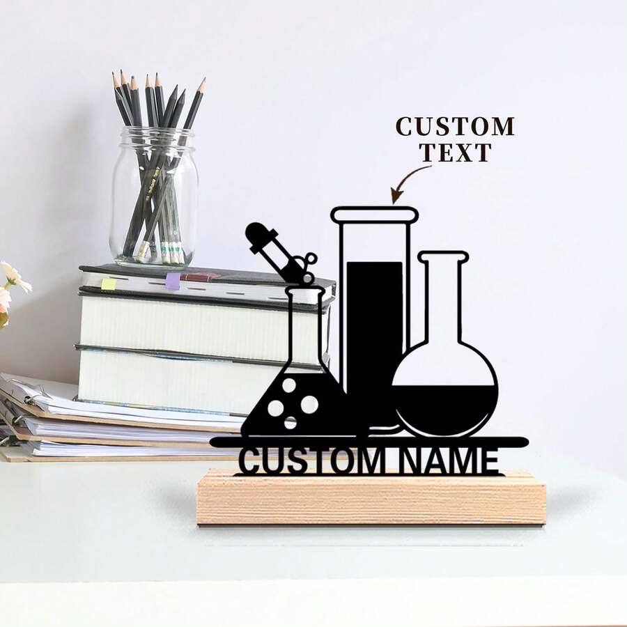 1 件可定制科学主题金属艺术雕像，带木质底座 - 个性化化学实验室装饰，适用于家庭、办公室、教室或极客空间，科学装饰 - 黑色 - 查看 1