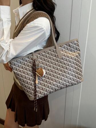 SHIMEINI Nouveau sac à main mode femme 2025, sac à bandoulière de style niche à grande capacité pour les déplacements, sac fourre-tout décontracté polyvalent et minimaliste, matériau confortable en texture PU, design blocs de couleurs en losange, fermeture éclair, bretelles doubles confortables, espace généreux, sac fourre-tout automne/hiver (Remarque : Aucune décoration pendentif sur l'article réel)