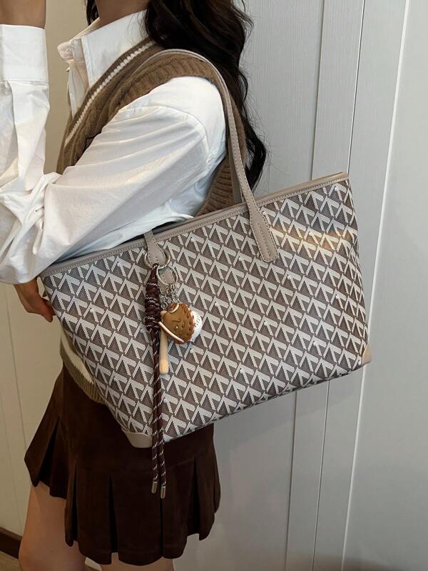SHIMEINI 2025 New Fashion Ladies Handbag, Large Capacity Commuter Niche Design Shoulder Bag, Casual Versatile Minimalist Stylish Tote Bag, Comfortable Material PU Texture Color-Blocking Rhombus Design Zipper Closure, Comfortable Dual Shoulder Straps, Ample Space, Autumn/Winter Tote Bag (Note: No Pendant Decoration On Real Item)