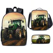3 PiecesTractor Pattern Backpack, Harvester Pattern Backpack, Lunch Bag, Pen Pouch, Lightweight Polyester, Unisex - Multicolor - View 13