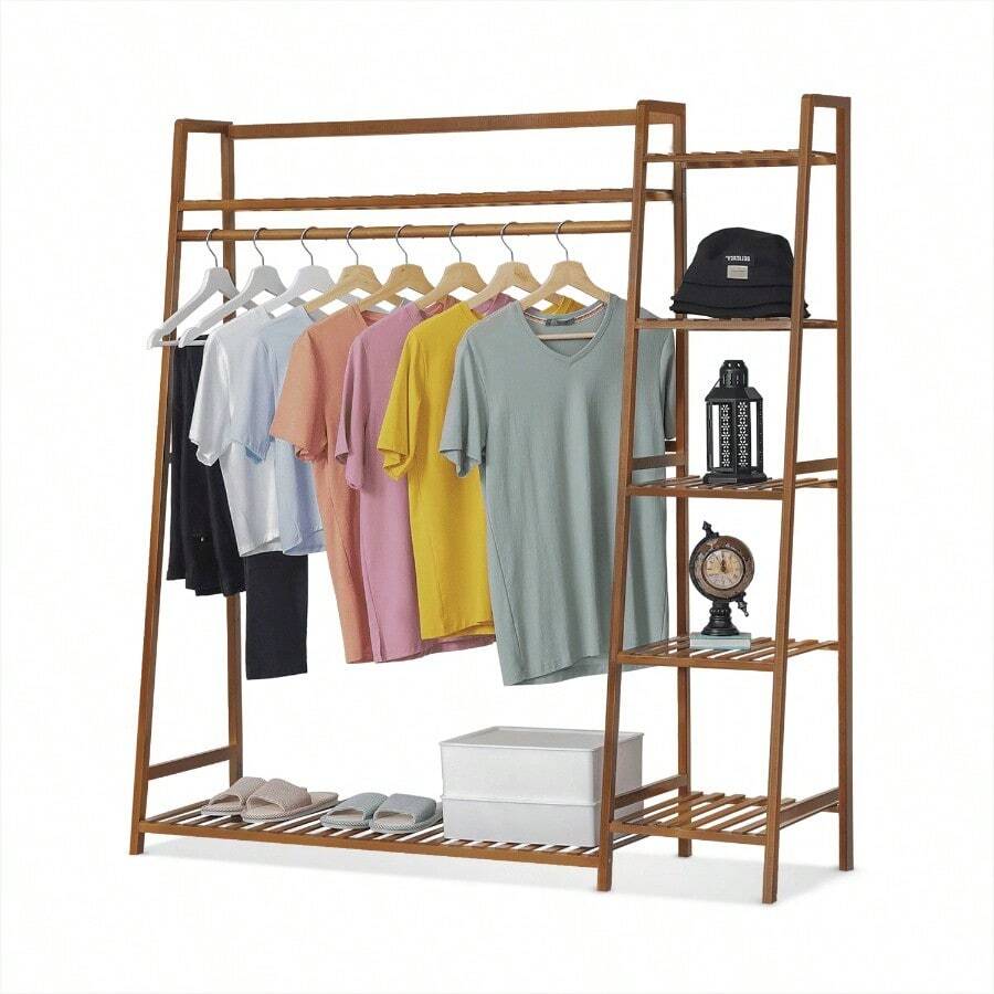 Magshion Bamboo 5 Tiers Modern Trapezoid Coat Rack Closet Organizer Wardrobe Brown For Bedroom - 肉凍 - 查看 1
