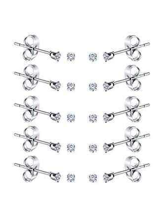 10 pares de pendientes de botón minimalistas de mujer con circonita de 2mm en acero inoxidable