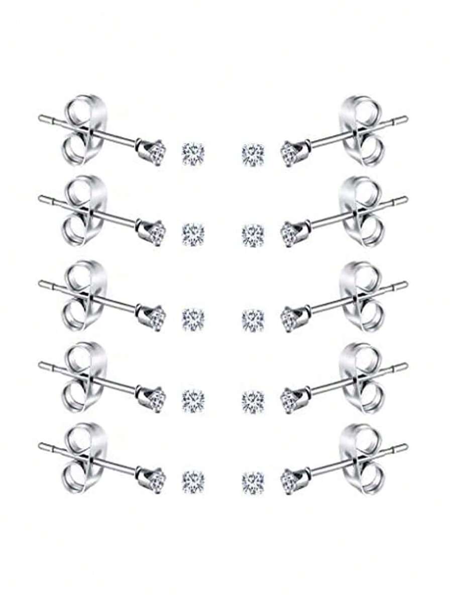10 Pairs Women's Minimalist 2mm Zirconia Stainless Steel Stud Earrings