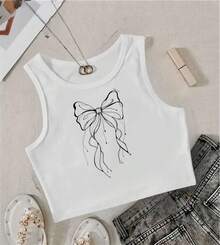 dama mujer joven juvenil moda chopis crop top cuello redondo sin mangas diseño moño Fresca gym suave primavera verano jardín casual viaje - Blanco - Ver 1