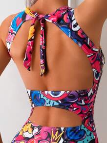 Maiô feminino sexy com costas nuas e letras gráficas, para férias de verão