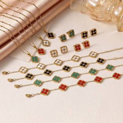 Juego de joyas de acero inoxidable chapado en oro de 18k con trébol de cuatro hojas - Collar, Pulsera, Pendientes, Joya vintage con encanto floral como regalo para mujeres