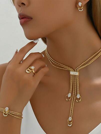 4pcs Bohemian Style Jewelry Set - Korean Fashion, Shiny Alloy Material, Inlaid Moissanite, Includes Necklace, Earrings, Ring And Bracelet, Gold Plated, Multi-Layer Design, Suitable For Party And Holiday Wear