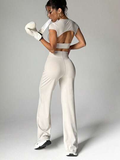 Short Sleeve Top + High-Waisted Leggings - Stylish Women's Athleisure Outfit For Gym & Lounge 2025 Breathable Short Sleeve Top And Wide Leg Yoga Pants- Women's Activewear For Yoga & Pilates