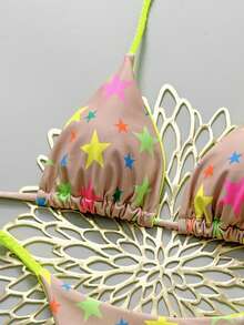 性感编织聚拢比基尼泳装，两件套沙滩泳装 - 螢光黃 - 查看 6