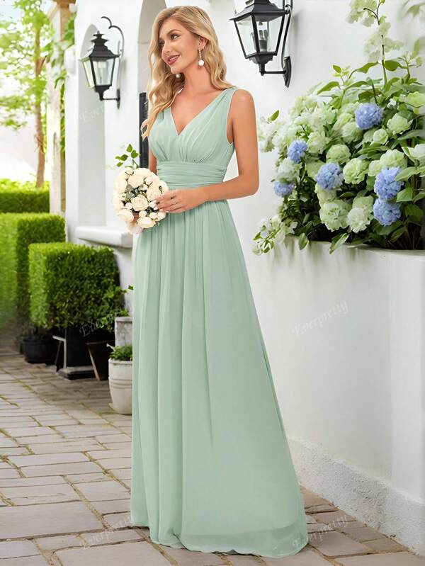 Rochii de vară elegante din șifon, cu decolteu în V, fără mâneci, pliate, maxi, formale, verde salvie, pentru domnișoare de onoare, rochie de nuntă pentru invitați