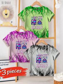 3-Piece Set, Featuring Short-Sleeve, Soft, Breathable, And Comfortable-Fitting Casual T-Shirts For Teenagers, Adorned With Vibrant Cartoon Patterns And Classic Round-Neck Tops.