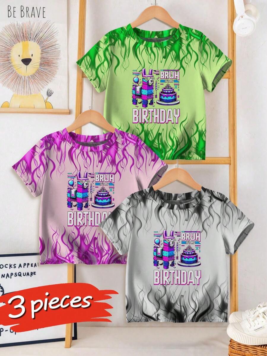 3-Piece Set, Featuring Short-Sleeve, Soft, Breathable, And Comfortable-Fitting Casual T-Shirts For Teenagers, Adorned With Vibrant Cartoon Patterns And Classic Round-Neck Tops.