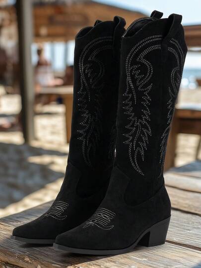 New Retro Embroidered Boots, Casual Western Style Boots, Thick Heel Anti-Slip Mid-Calf Boots, Comfortable & Versatile Riding Boots, Autumn/Winter,Cowboy Boots