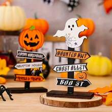 Modernes hölzernes Schreibtischschild für Halloween – hölzernes Kürbisdekor mit witzigem Spruch, geeignet als Dekoration für Zuhause und Partys, hölzernes Standrequisit, englischer Text, Mehrzweck-Feiertagsdekoration