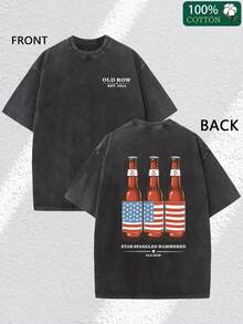 1 Piece, 230G Double-Sided Washed, Flag And Beer Printed T-Shirt, High-Quality Wax Printed Cotton Retro Fashion Brand T-Shirt, Suitable For Summer T-Shirt With A Certain Thickness, Holiday Gift - 黑色 - 查看 1