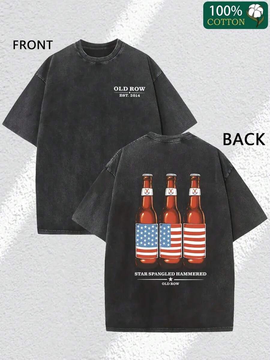 1 Piece, 230G Double-Sided Washed, Flag And Beer Printed T-Shirt, High-Quality Wax Printed Cotton Retro Fashion Brand T-Shirt, Suitable For Summer T-Shirt With A Certain Thickness, Holiday Gift - 黑色 - 查看 1